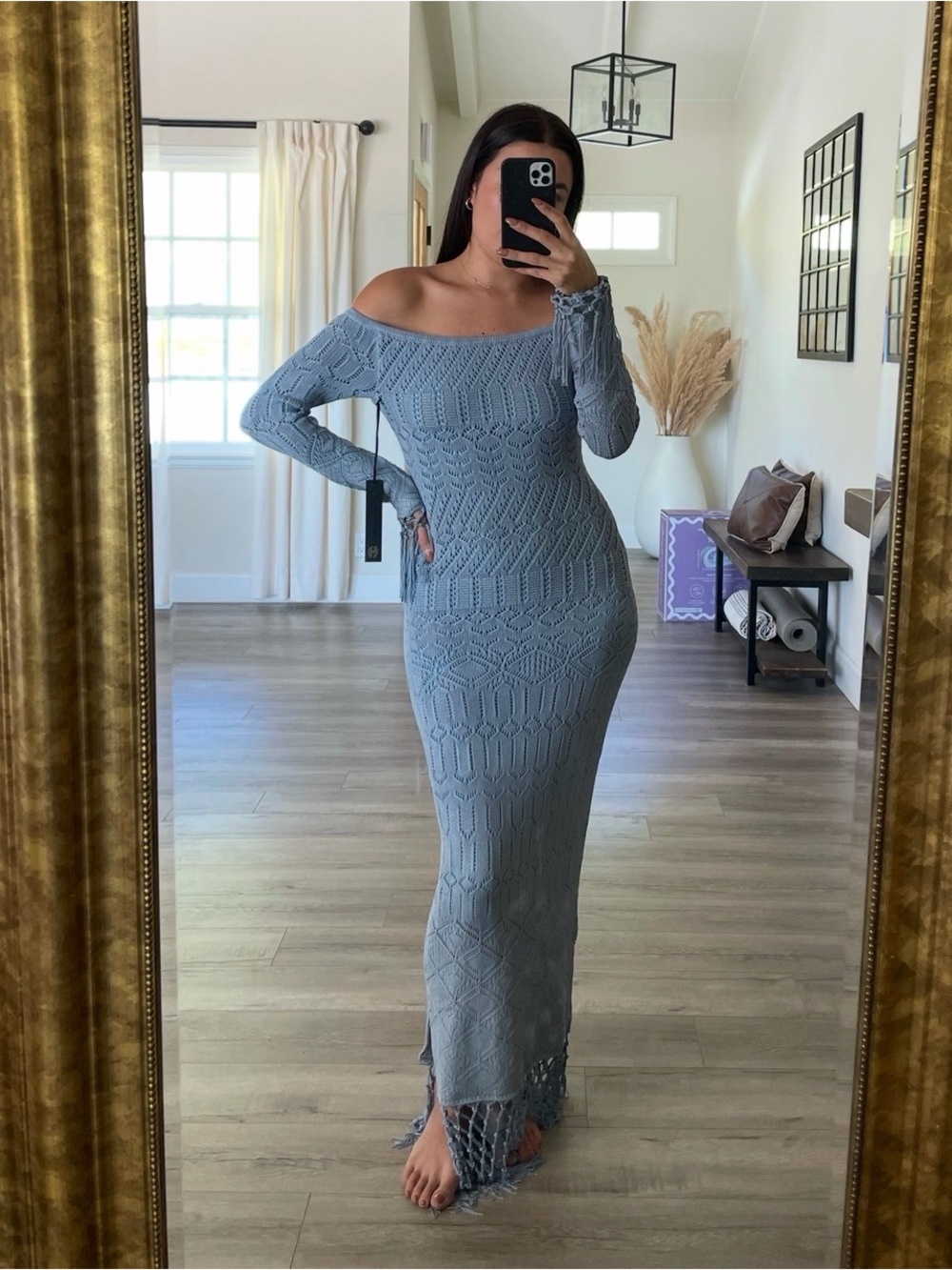 House of Harlow 1960 One-Shoulder Cable Knit Maxi Dress - Light Blue